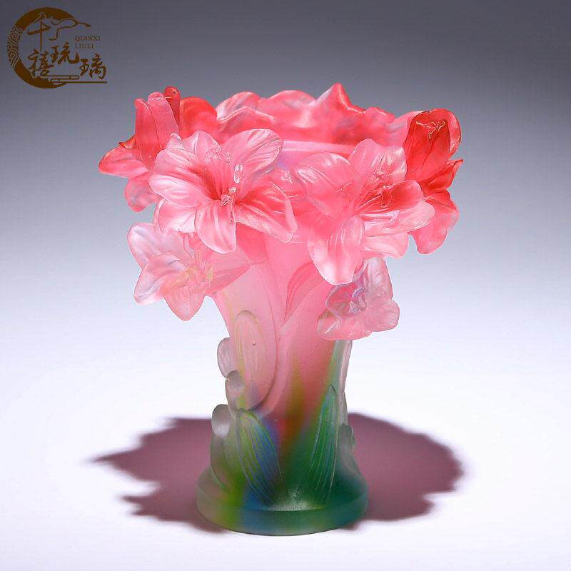古法琉璃百合花瓶水晶工艺品摆饰客厅插花轻奢高级感彷真花装饰