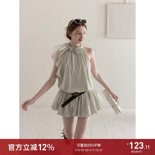 羊城故事 法式飘带胸花挂颈洋装女夏季设计感无袖收腰a字短裙子