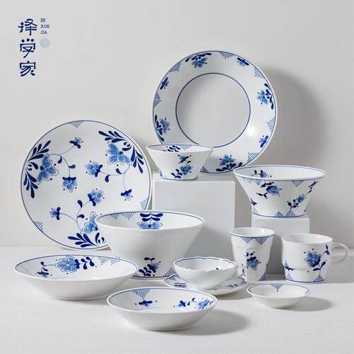 择学家牡丹系列景德镇釉下彩陶瓷饭碗碟餐具套组套装手绘送礼乔迁
