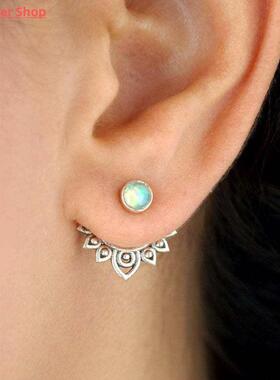 Bohemian Openwork Metal Lotus Opal Stud Earrings Vintage Jew
