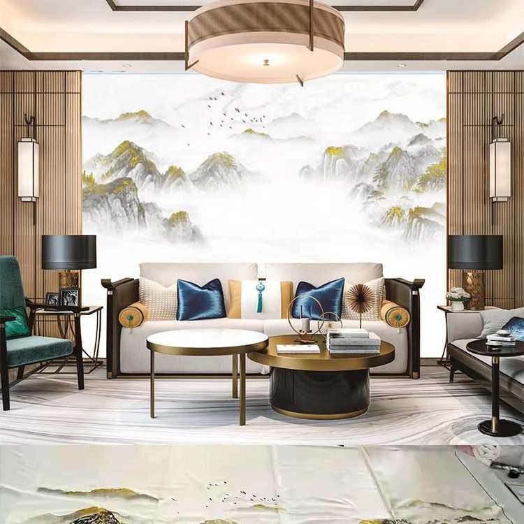 个性化客厅酒店样板房刺绣割雕硬包山水花鸟格调背景装饰画壁雕图片