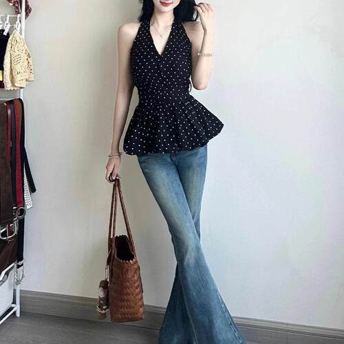 Women's Polka Dot Print Halter Top, Deep V Neck