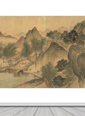 湖山春暖图客厅装饰画宋代美学自粘山水风景画中式背景墙贴壁画纸