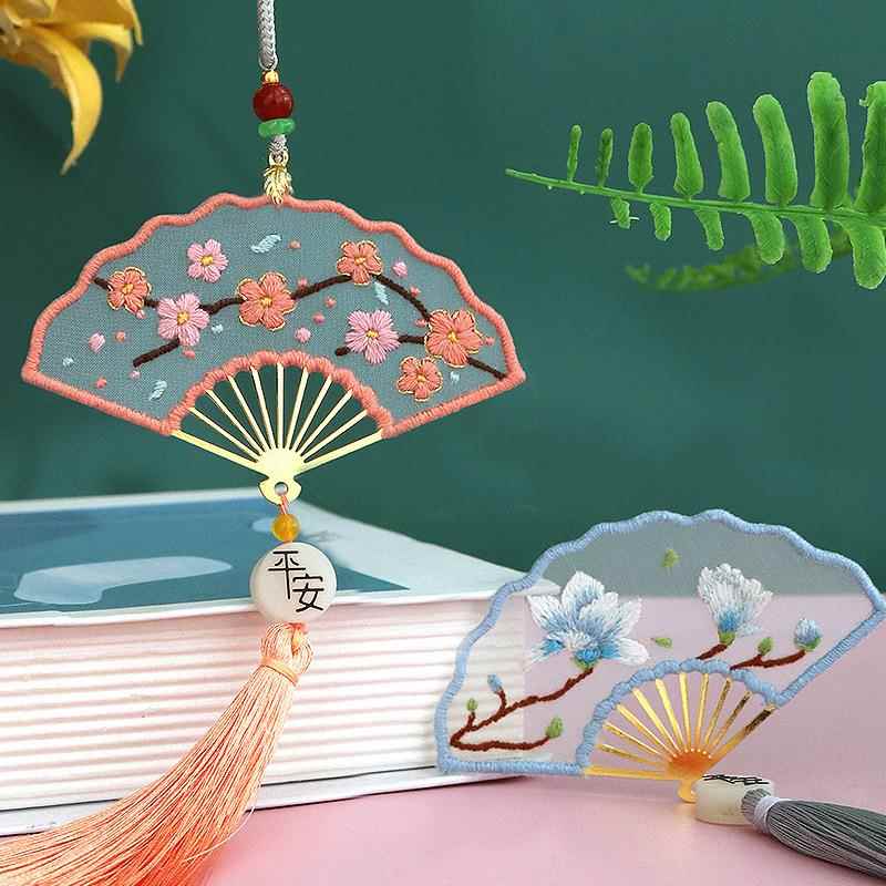 手工diy精美扇形书签自绣材料包古风流苏复古双面刺绣礼品送老师