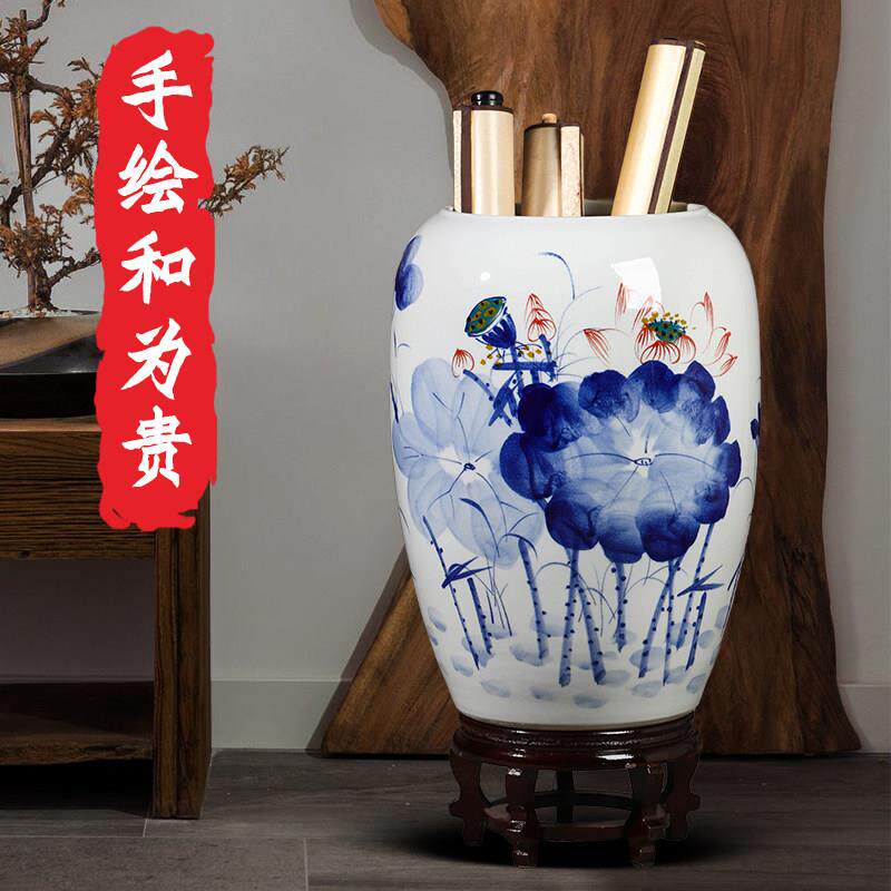 景德镇陶瓷书画收纳缸卷轴缸客厅书房手绘字画桶落地箭筒插花瓶大