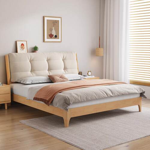 直销新款北欧全实木床现代简约云朵双人床软包软靠奶油风棉麻高箱