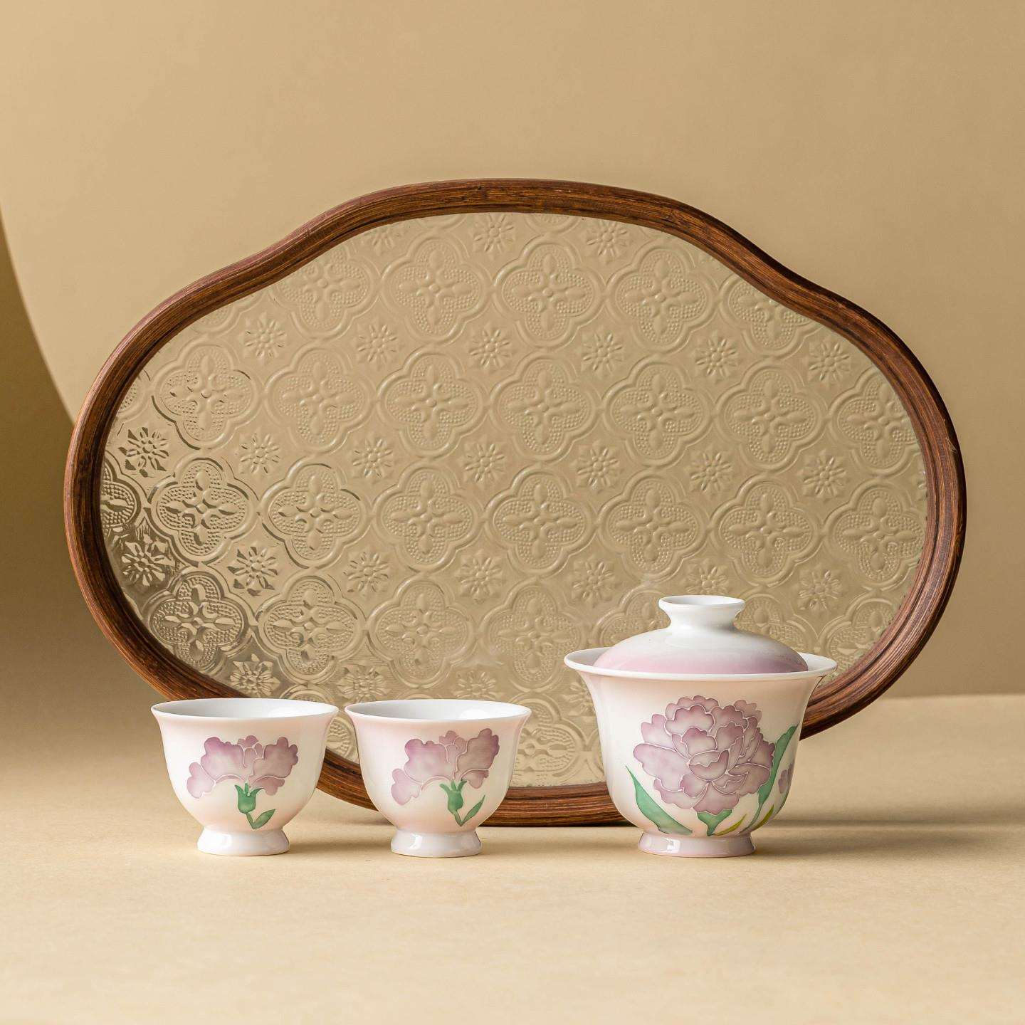 渐变紫户外旅行茶具陶瓷便携式快客杯手绘堆雕康乃馨茶杯盖碗套装