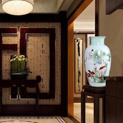 家居山水插花装饰摆件大工中式艺品景德镇花瓶手绘客厅落地陶瓷器