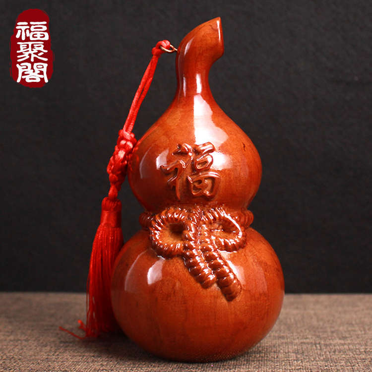 桃木葫芦摆件福字中国结正宗实心木雕挂件卧室客厅木质家居装饰品