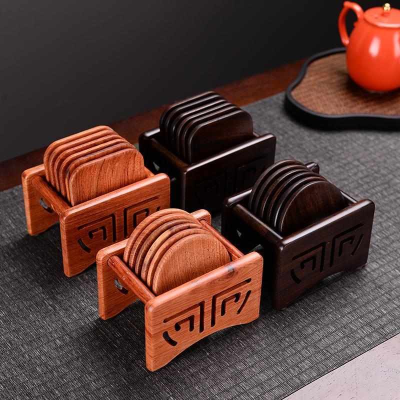 功夫创意黑檀木茶道隔热茶杯茶具托茶杯茶托茶花梨木质垫方形配垫