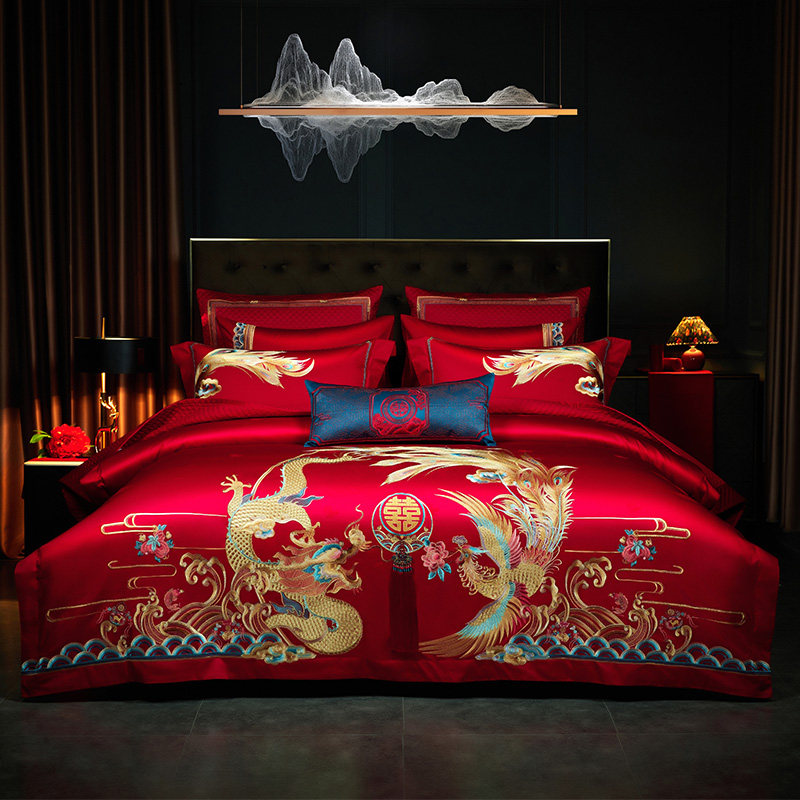 新款大红婚庆四件套全棉结婚刺绣床上用品纯棉婚床喜被套龙凤,床上用品,婚庆床品套件,淘宝优惠券,粉丝福利购,淘宝优惠卷