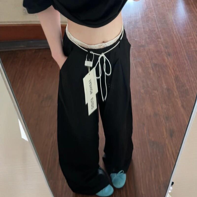 高个子加长假两件弯刀黑色休闲裤女夏季长裤蕾丝阔腿裤设计感裤子