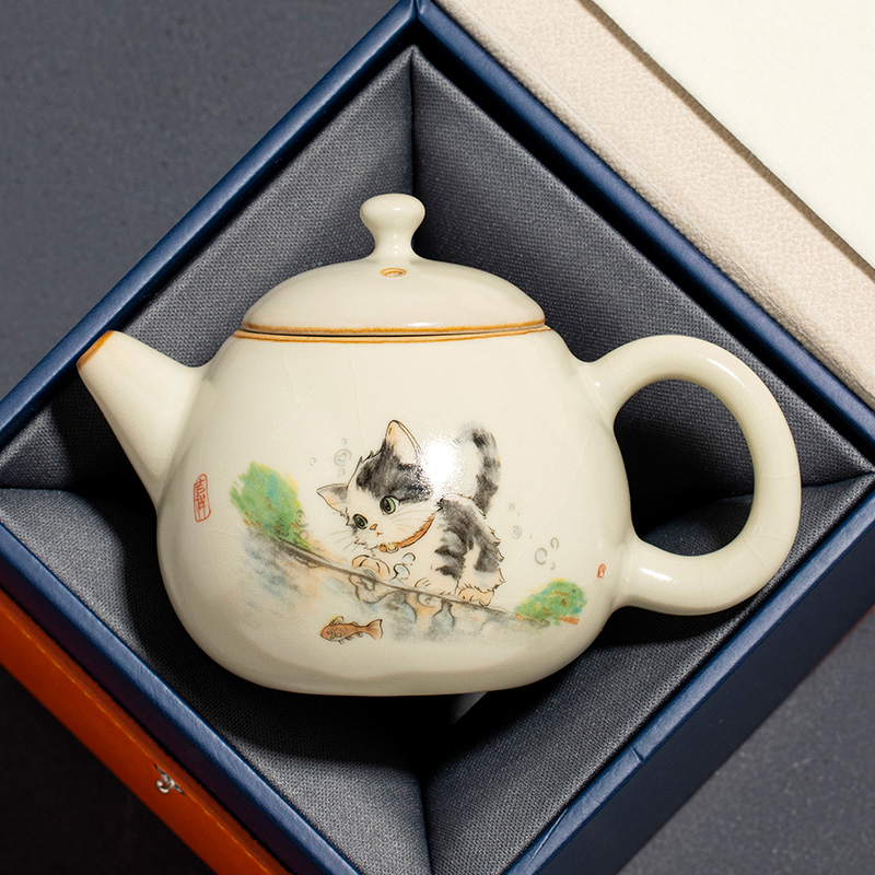 汝窑萌猫龙旦茶壶开片高档家用泡茶壶功夫茶具中式定制茶水壶单壶