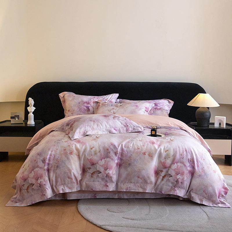 美式长绒棉数码印花四件套复古油画花卉全棉拼角被套床单床盖床品