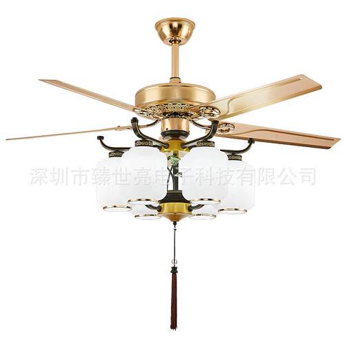 中式复古客厅吊扇灯家用静音直叶茶楼吊扇木叶LED风扇灯