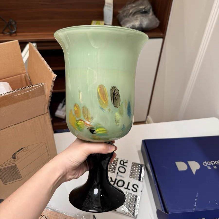 中式高脚琉璃宽口玻璃水养花器绿玉色玻璃插花瓶高级感客厅摆件
