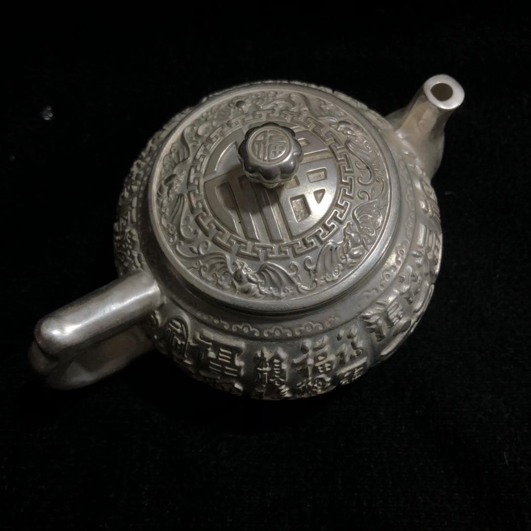 仿古铜壶摆件福寿茶壶白铜鎏银百福铜茶壶福字寿星铜茶壶桌面茶宠