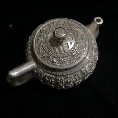 仿古铜壶摆件福寿茶壶白铜鎏银百福铜茶壶福字寿星铜茶壶桌面茶宠
