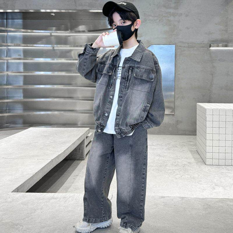香港BAKUXIA男童牛仔套装2025春秋中大童男孩痞帅水洗休闲两件套