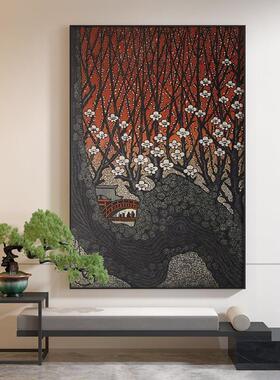 日式浮世绘梅花客厅酒店民宿玄关装饰画暗色系背景墙壁新中式挂画