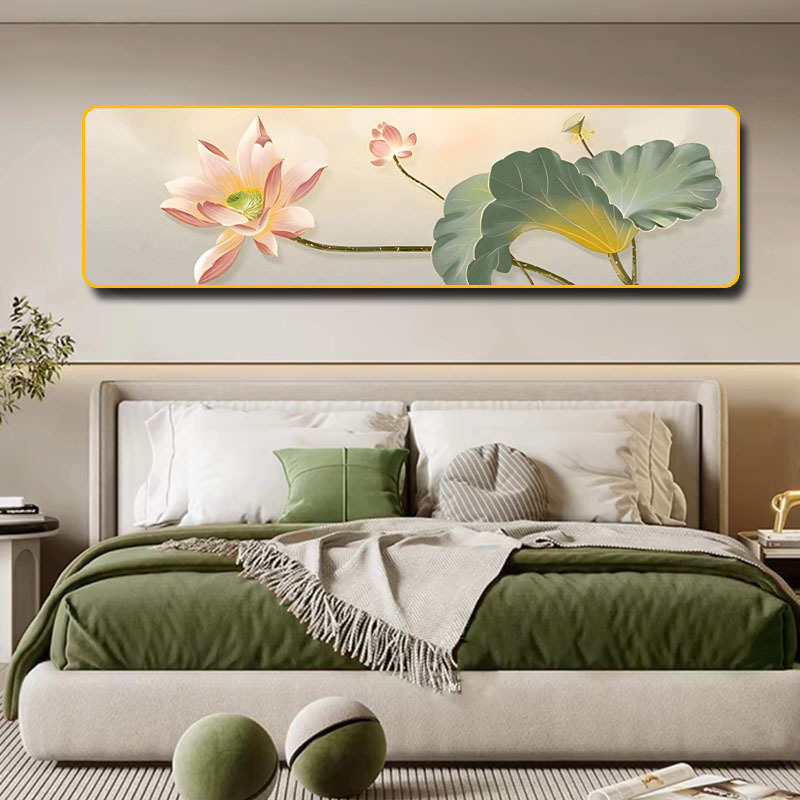 现代轻奢卧室床头挂画荷花主卧背景墙装饰画高级感客厅酒店挂画图片
