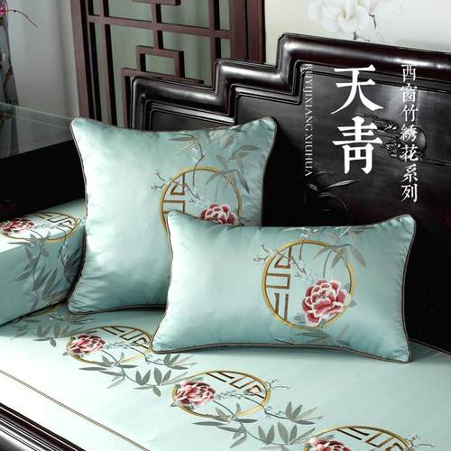 高档新中式木沙发绣典坐垫红实木家具古罗汉床垫子花套罩加厚海绵