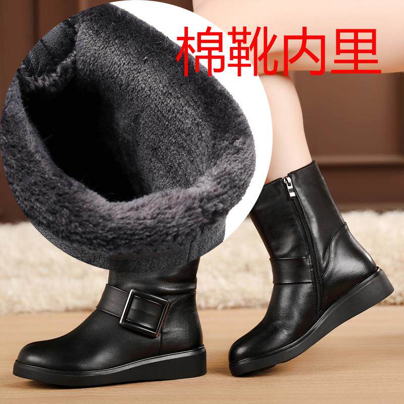 高档秋冬季女鞋平跟靴女真皮靴子平底加女绒棉靴单靴大尺靴码中筒