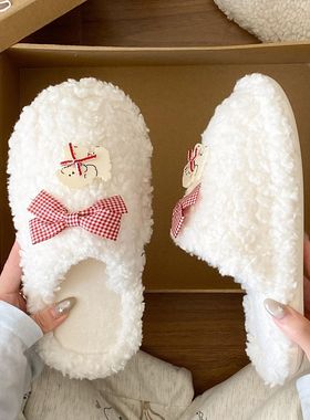 棉拖鞋女冬天爱平底轻便耐磨卡通室内居家外穿毛毛半包拖鞋冬季