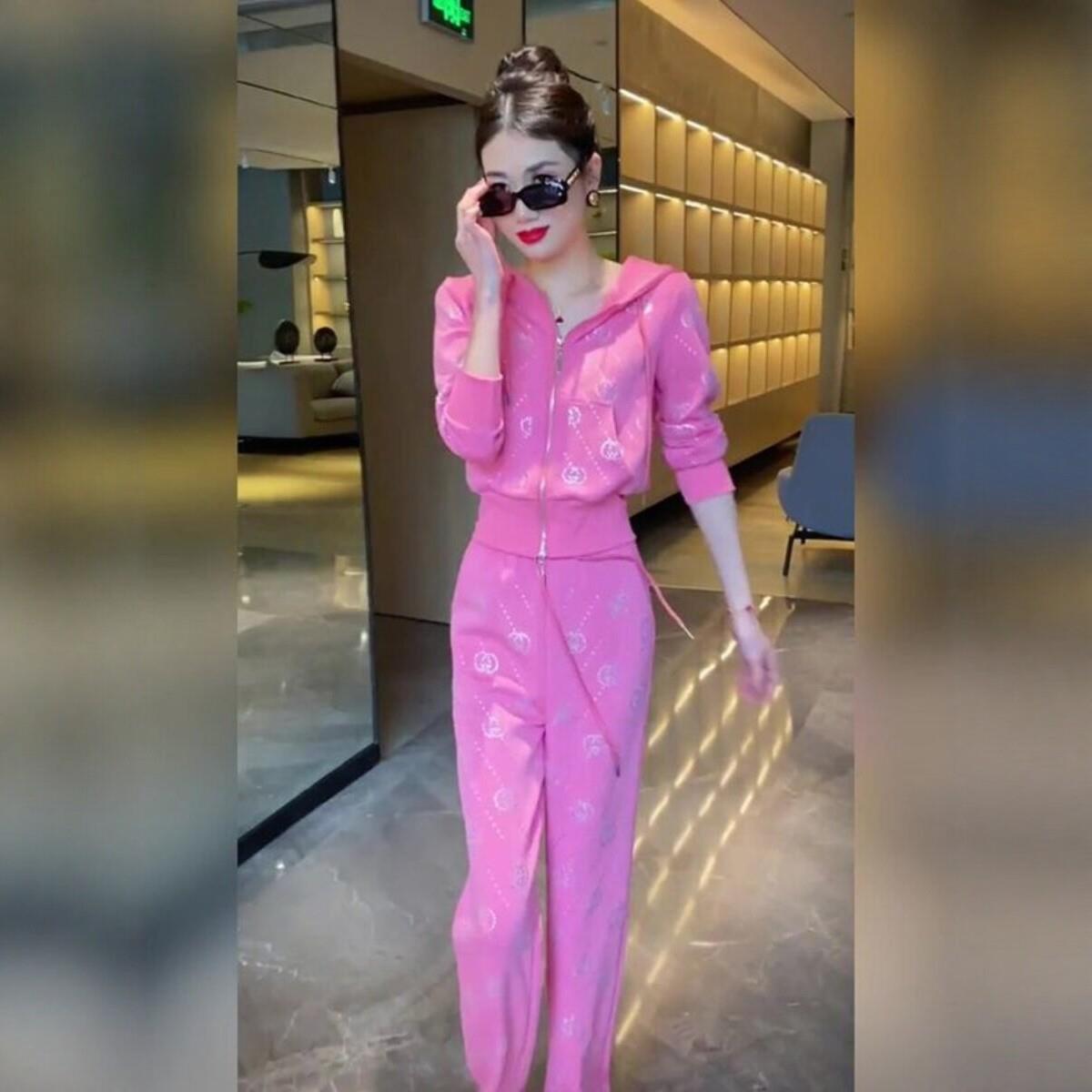 春秋女装轻奢高级感减龄玫红色连帽运动服外套直筒裤休闲两件套春