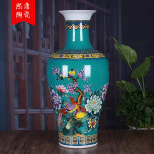绿色花鸟牡丹珐琅彩大号鱼尾瓶复古陶瓷家居装 景德镇陶瓷花瓶 饰