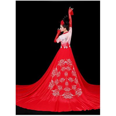 正品古款典舞蹈演出服女中国风红艳逸凝香同艺考表演飘大装摆古风
