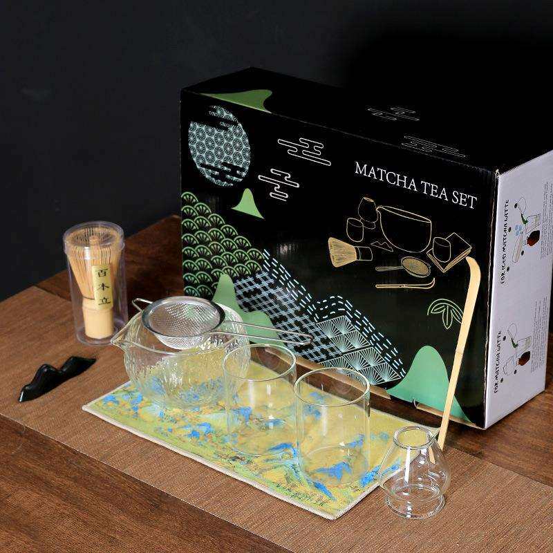 日式抹茶茶具套装一碗配二杯彩盒百本立抹茶打蛋器创意家用玻璃