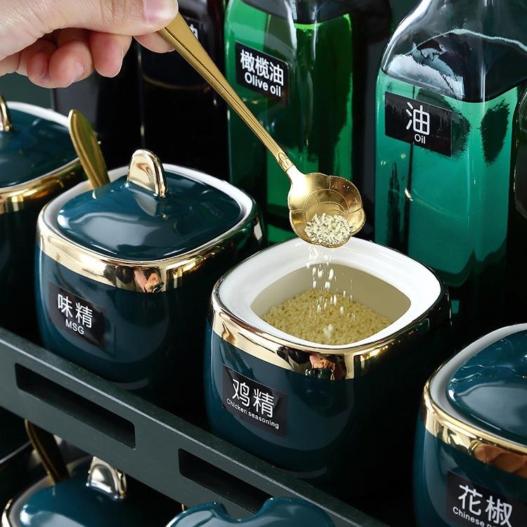 轻奢祖母绿调味罐套装陶瓷组合装家用高颜值厨房调料罐收纳置