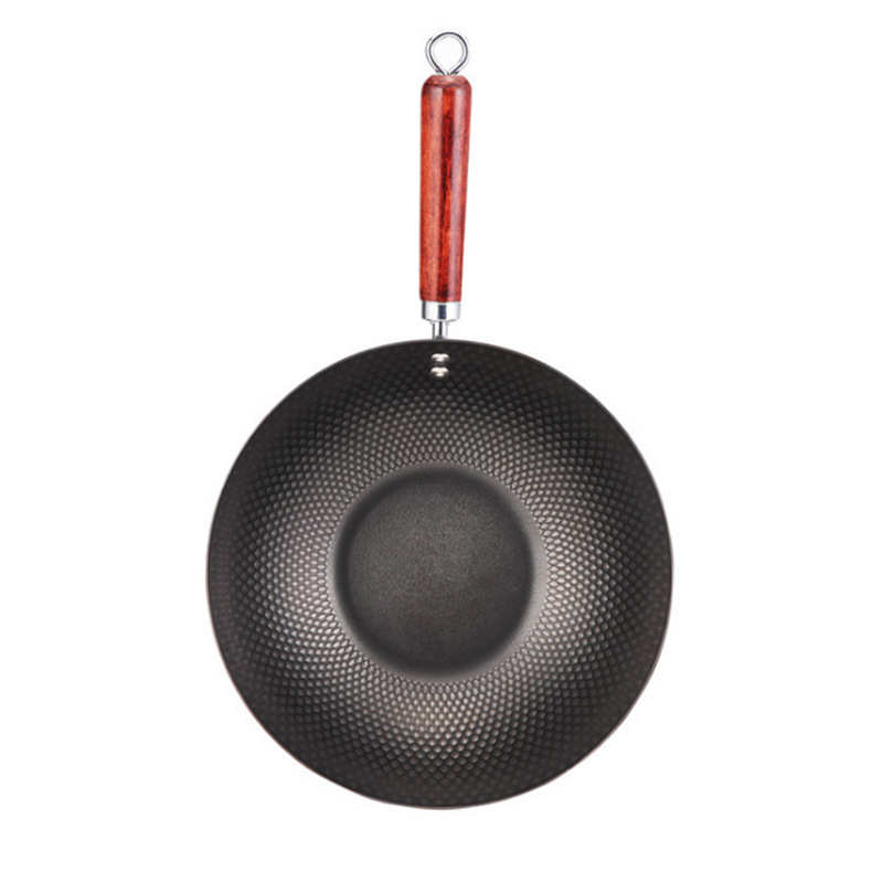 极锻日式无涂层不粘炒锅批发定制32cm木柄纯铁锅平底礼品厨具套装