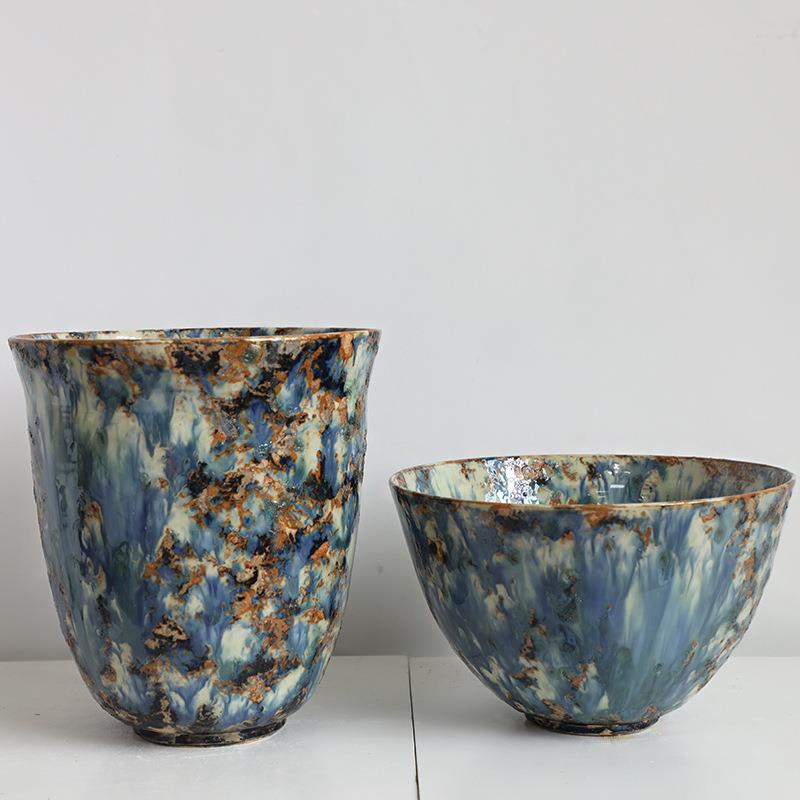 中古芬顿油画风陶瓷花瓶复古斗笠碗大口花盆花器绿植客厅玄关装饰