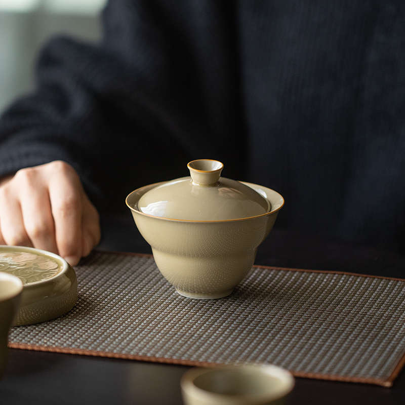 定窑黄葫芦盖碗茶杯单个大号陶瓷功夫茶具家用复古手工折腰泡茶碗
