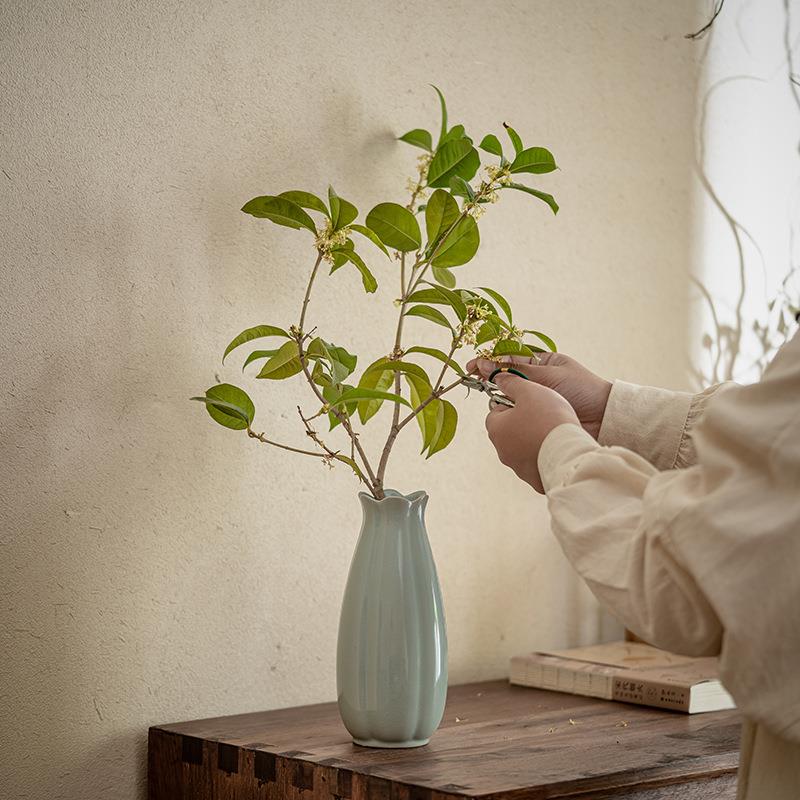 汝窑花瓶摆 陶瓷现代简约花器家居摆设茶具花插陶瓷台面天青玄关