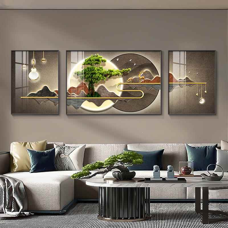 新式山水客厅挂023新款迎客松装饰画中沙画发200961背景墙三联画图片
