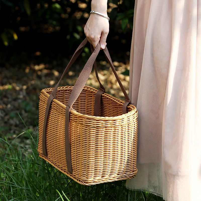 竹提篓编织购物篮买菜篮子超市手提篮水果篮 田园风野餐篮 仿藤编