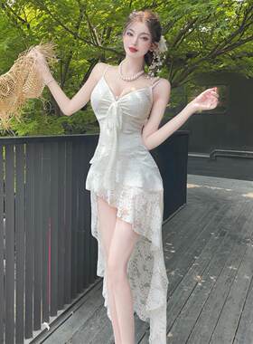 纯欲风性感领蕾丝吊带中长裙夏季度假仙女不规则燕尾裙摆连衣裙