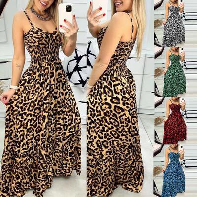Dress Womens Print V-Neck Summer Leopard Maxi Smocked Wear