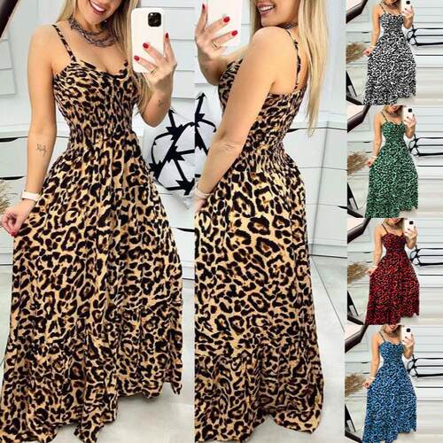 Dress Womens Print V-Neck Summer Leopard Maxi Smocked Wear