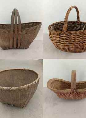 老竹编篮子老物件民俗收藏手提篮筐农村旧篮筐休闲农场覆古怀旧装