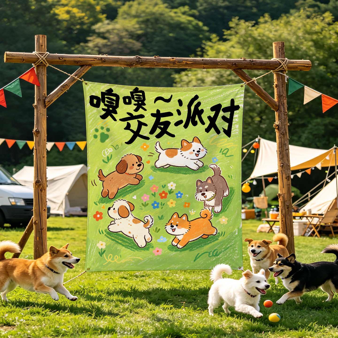 漫迹原创可爱萌宠派对创意挂布宠物聚会交友撒欢游泳活动横幅背景