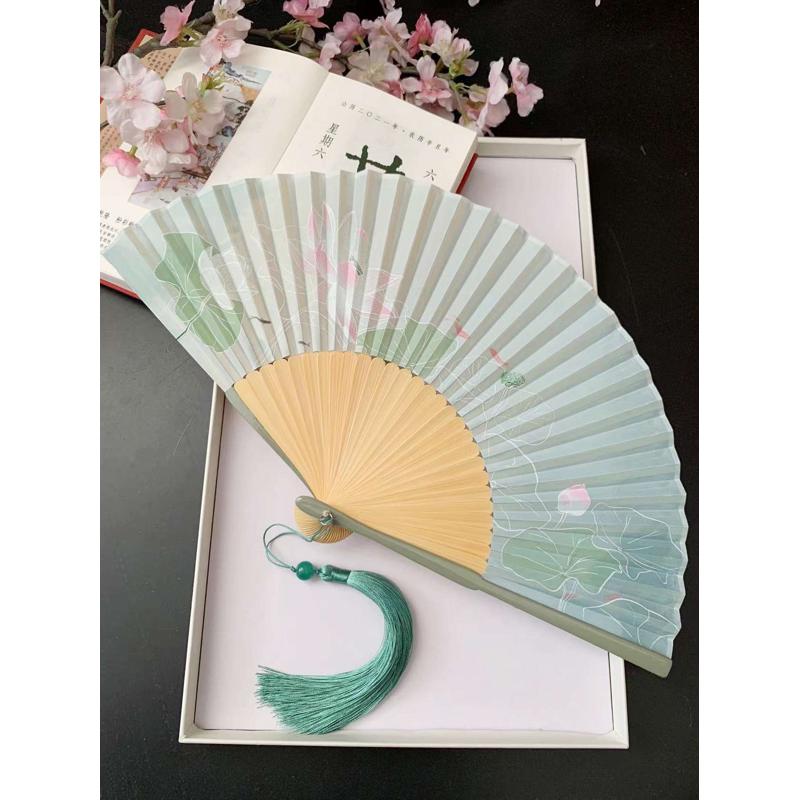 中国风扇子古风折扇夏天便携汉服旗袍折叠古代女小荷花绿色舞蹈扇