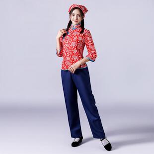 新款阿庆嫂演出服碎花歌村姑服采农茶服女喜儿表演古装民族 村秧