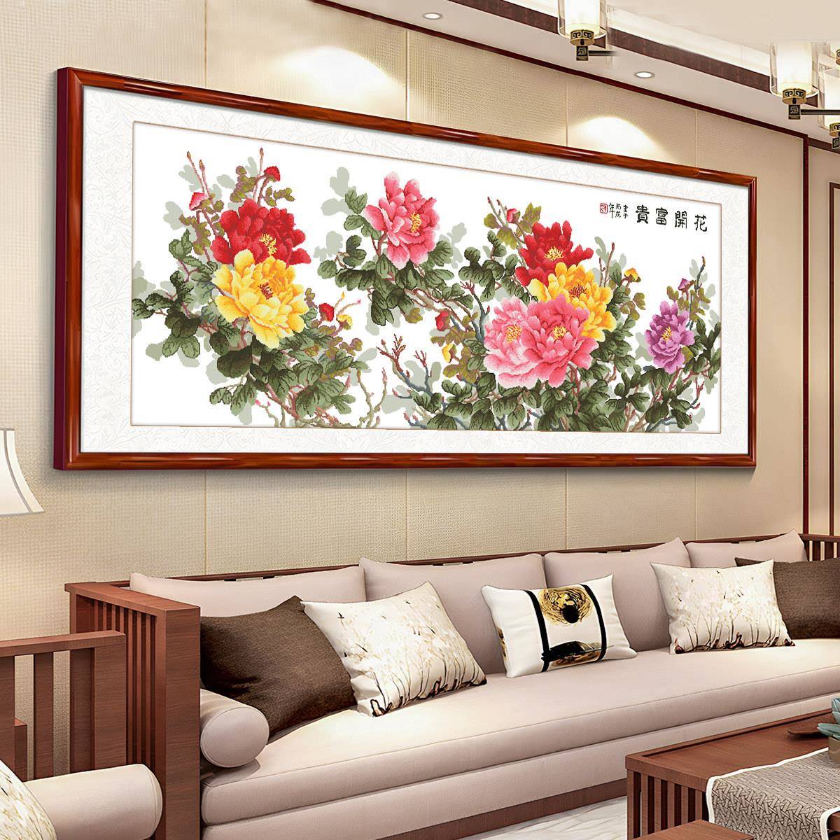 花开 富贵字绣202Q7355新款客厅大幅线 绣简丹约现代花卉线六尺牡