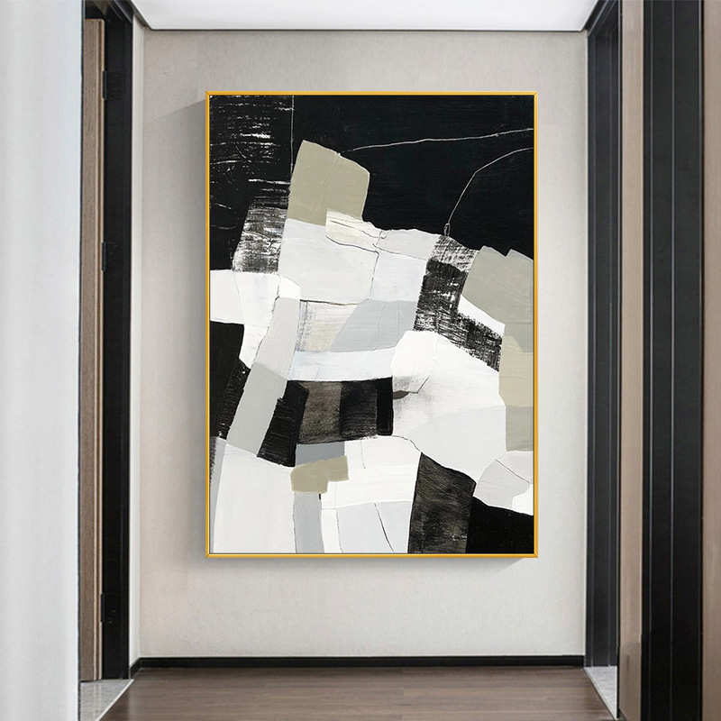 手绘油画抽象现代客厅玄关背景墙装饰画立体黑白色块餐厅挂画客厅图片