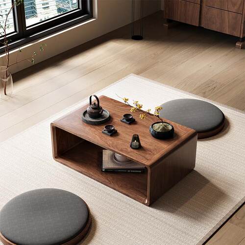 鹿鸣禅意实木飘窗茶几日式榻榻米简约矮桌黑胡桃色阳台茶几小桌子