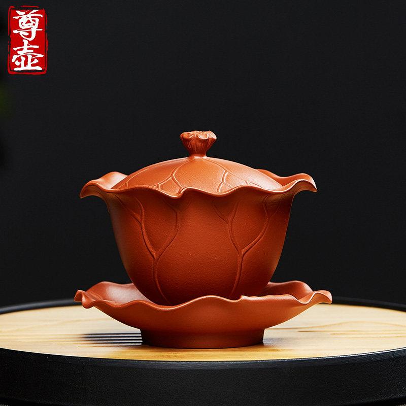 宜兴紫砂三才杯盖碗单个带盖子泡茶杯大号防烫茶盏陶瓷功夫茶具套